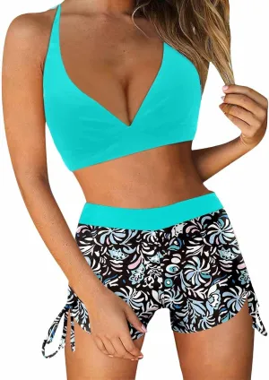 Women's V-Neck Halter Ruched Bathing Suits Vintage Printed Conservative Swimwear Bikini Swimsuit with Boy Shorts