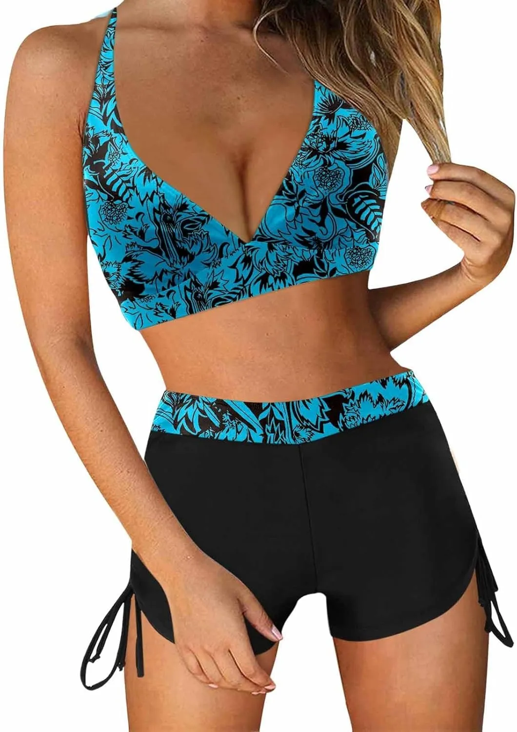 Women's V-Neck Halter Ruched Bathing Suits Vintage Printed Conservative Swimwear Bikini Swimsuit with Boy Shorts