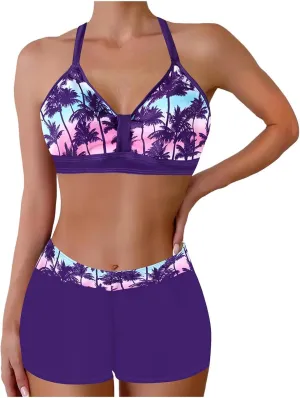 Women's V-Neck Halter Ruched Bathing Suits Vintage Printed Conservative Swimwear Bikini Swimsuit with Boy Shorts
