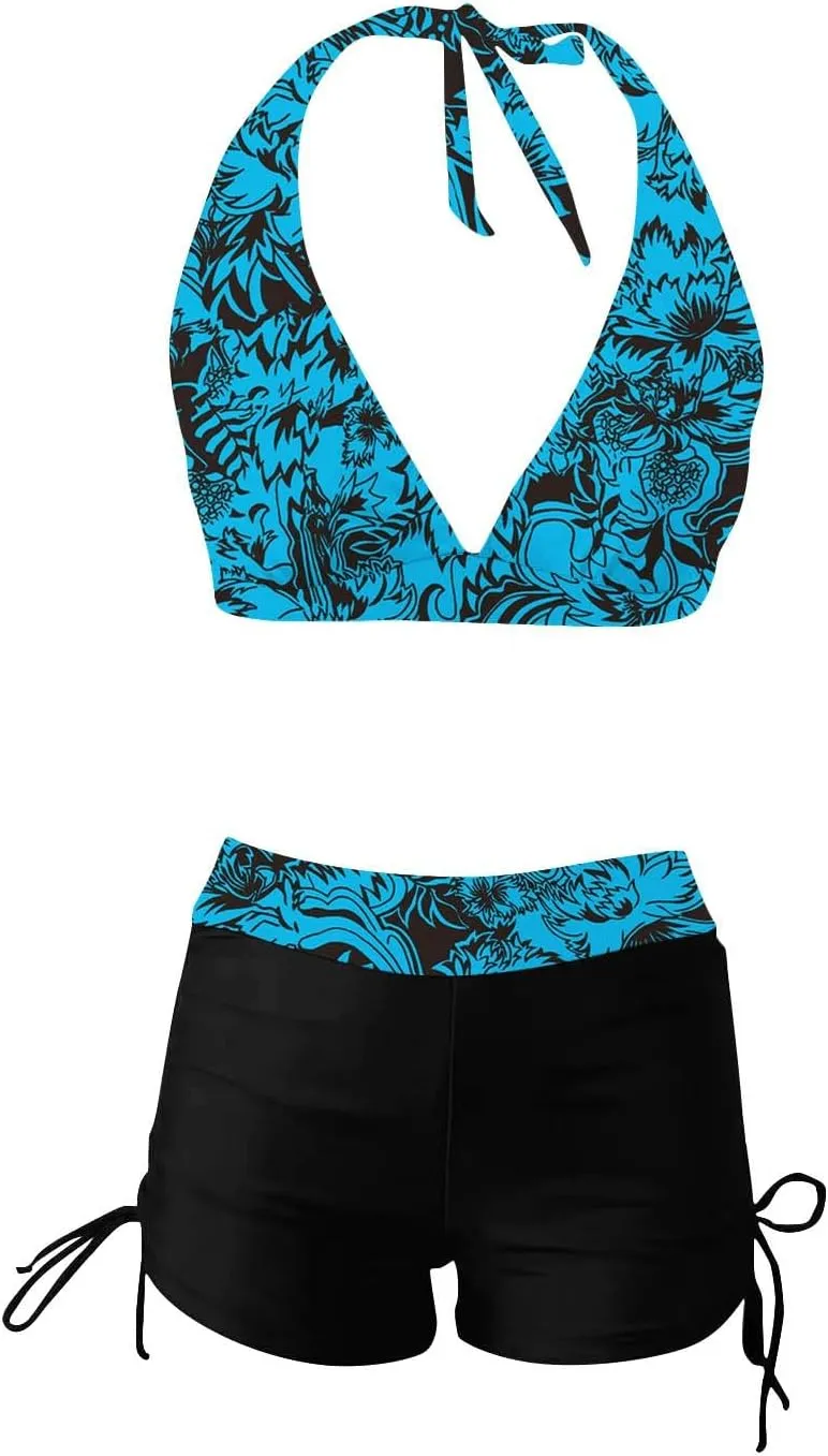 Women's V-Neck Halter Ruched Bathing Suits Vintage Printed Conservative Swimwear Bikini Swimsuit with Boy Shorts