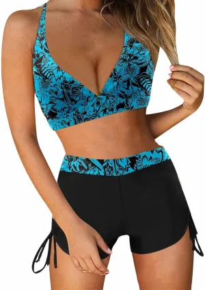 Women's V-Neck Halter Ruched Bathing Suits Vintage Printed Conservative Swimwear Bikini Swimsuit with Boy Shorts