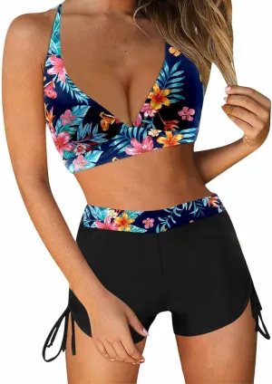 Women's V-Neck Halter Ruched Bathing Suits Vintage Printed Conservative Swimwear Bikini Swimsuit with Boy Shorts