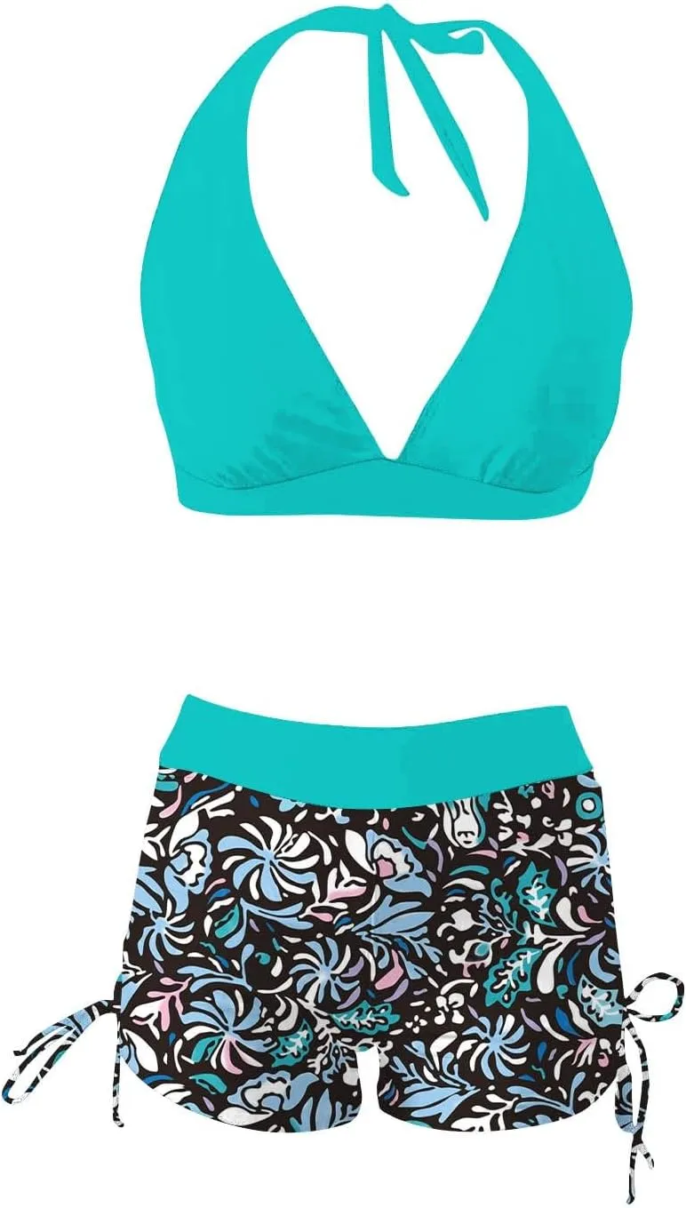 Women's V-Neck Halter Ruched Bathing Suits Vintage Printed Conservative Swimwear Bikini Swimsuit with Boy Shorts