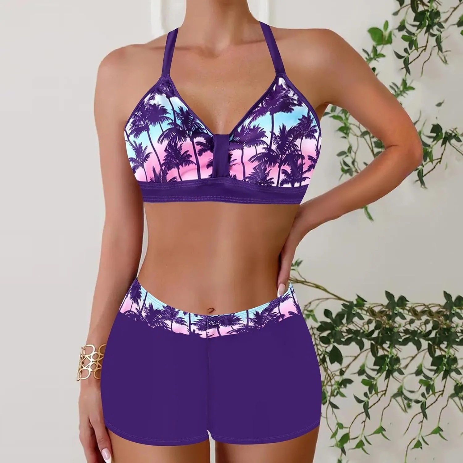 Women's V-Neck Halter Ruched Bathing Suits Vintage Printed Conservative Swimwear Bikini Swimsuit with Boy Shorts