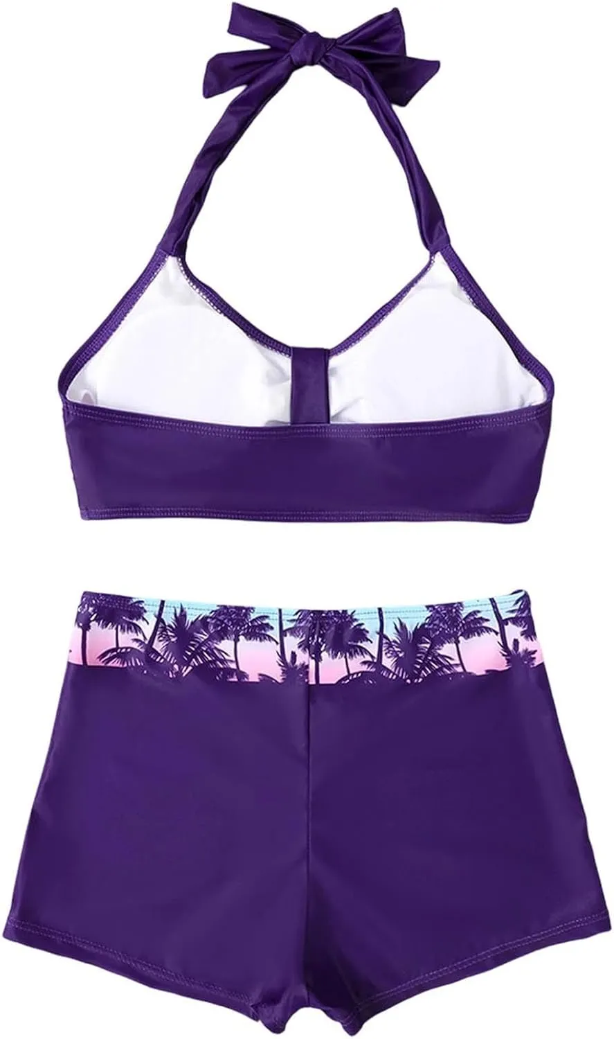 Women's V-Neck Halter Ruched Bathing Suits Vintage Printed Conservative Swimwear Bikini Swimsuit with Boy Shorts