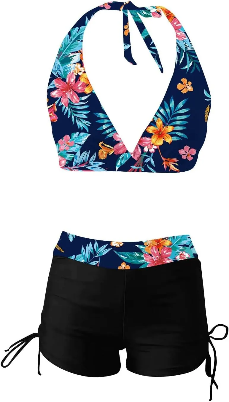 Women's V-Neck Halter Ruched Bathing Suits Vintage Printed Conservative Swimwear Bikini Swimsuit with Boy Shorts