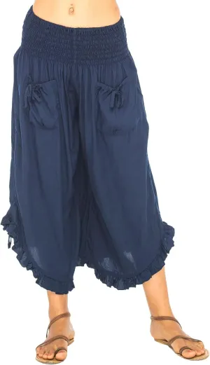 Womens Wide Leg Cropped Trousers Smocked Waist Adjustable Tied Ruffle Hem Boho Capri Pants Plus Size Flowy Gaucho Pants