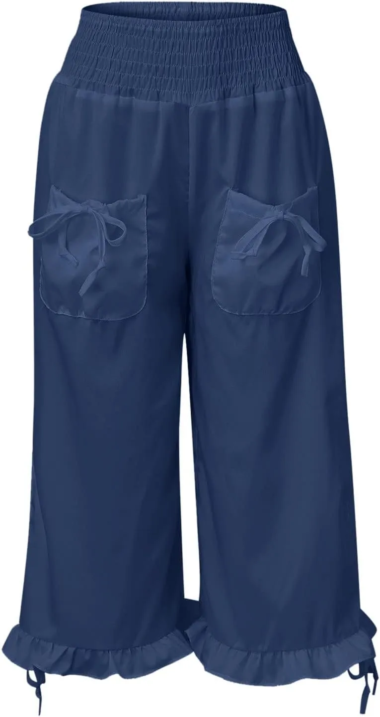 Womens Wide Leg Cropped Trousers Smocked Waist Adjustable Tied Ruffle Hem Boho Capri Pants Plus Size Flowy Gaucho Pants
