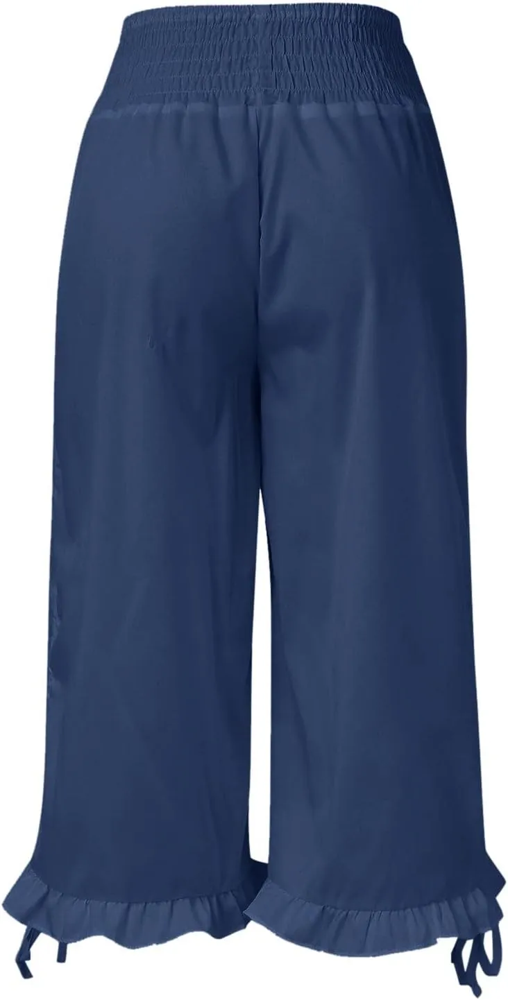 Womens Wide Leg Cropped Trousers Smocked Waist Adjustable Tied Ruffle Hem Boho Capri Pants Plus Size Flowy Gaucho Pants