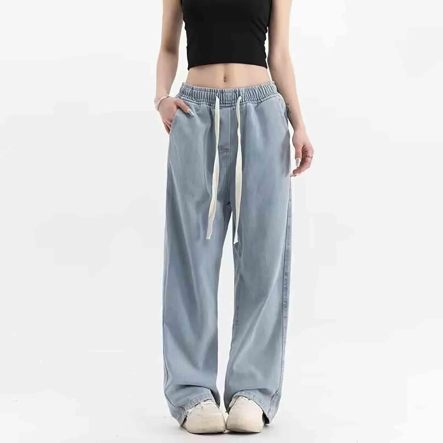Womens Wide Leg Elastic Waisted Pants Casual Palazzo Jeans Adjustable Drawstring Y2K Trousers with Pockets