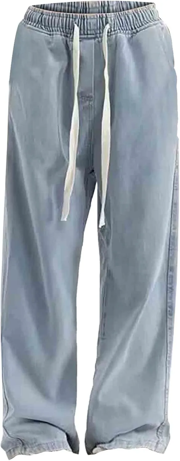 Womens Wide Leg Elastic Waisted Pants Casual Palazzo Jeans Adjustable Drawstring Y2K Trousers with Pockets