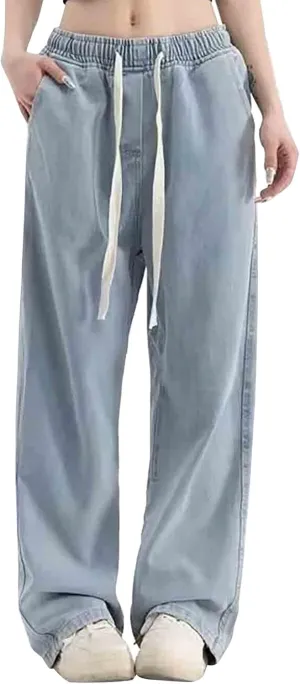 Womens Wide Leg Elastic Waisted Pants Casual Palazzo Jeans Adjustable Drawstring Y2K Trousers with Pockets