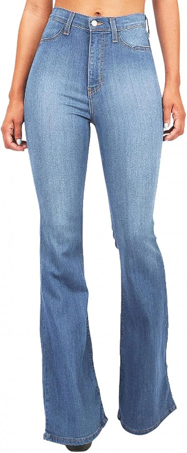 WUAI-Women Classic Stretchy Bell Bottom Jeans High Wasit Raw Hem Denim Pants Boot Cut Wide Leg Trousers Plus Size
