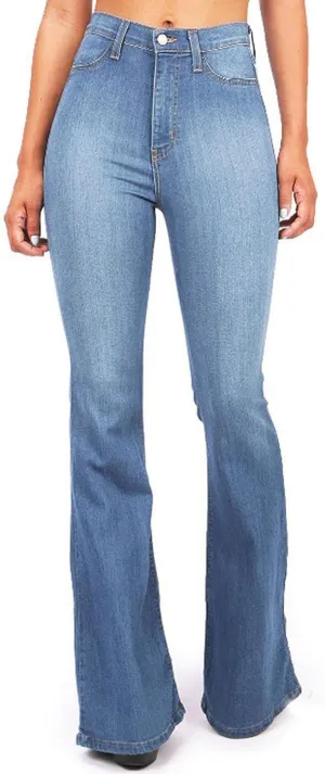 WUAI-Women Classic Stretchy Bell Bottom Jeans High Wasit Raw Hem Denim Pants Boot Cut Wide Leg Trousers Plus Size