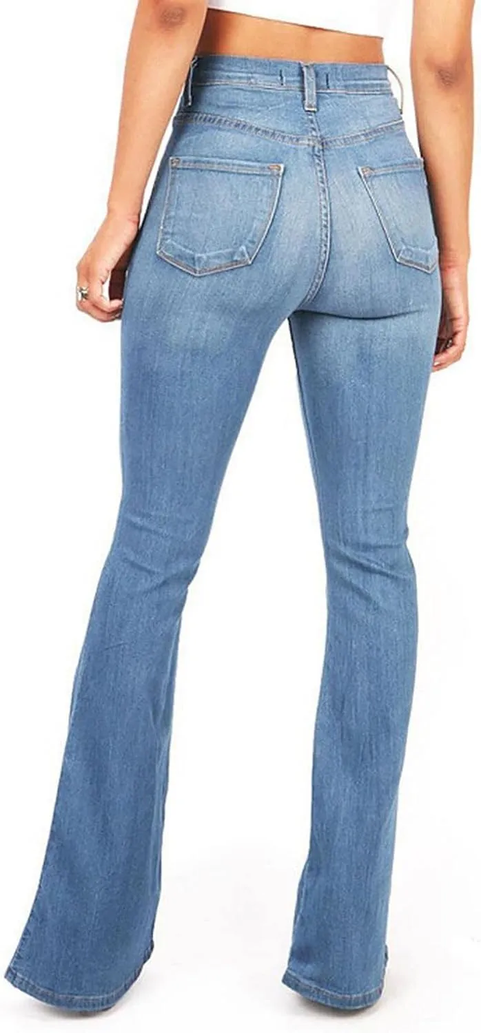 WUAI-Women Classic Stretchy Bell Bottom Jeans High Wasit Raw Hem Denim Pants Boot Cut Wide Leg Trousers Plus Size