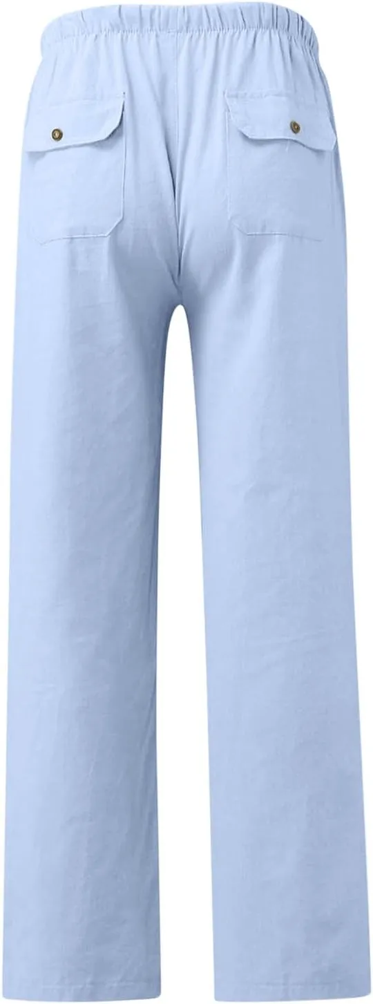 Xiaojmake Mens Casual Linen Pants Elastic Waist Drawstring Fall Loose Fit Baggy Beach Pants Lightweight Trousers with Pockets