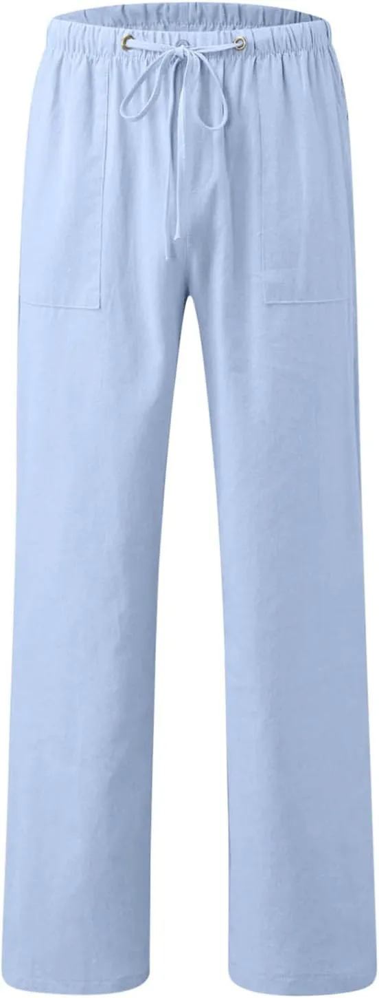 Xiaojmake Mens Casual Linen Pants Elastic Waist Drawstring Fall Loose Fit Baggy Beach Pants Lightweight Trousers with Pockets