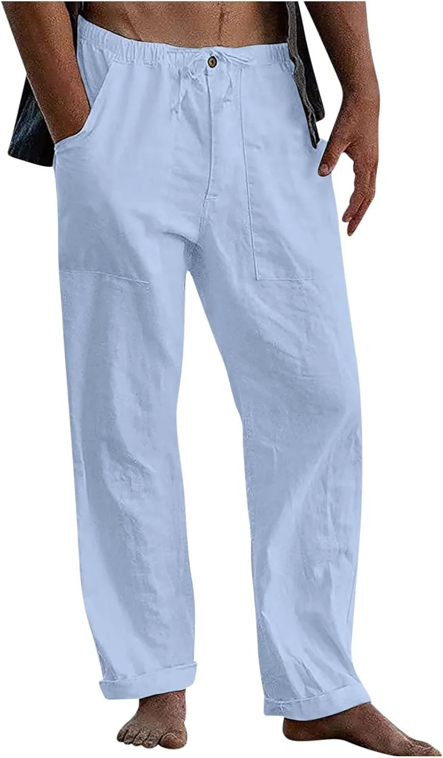 Xiaojmake Mens Casual Linen Pants Elastic Waist Drawstring Fall Loose Fit Baggy Beach Pants Lightweight Trousers with Pockets