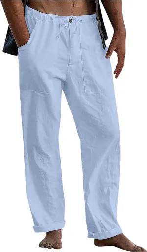 Xiaojmake Mens Casual Linen Pants Elastic Waist Drawstring Fall Loose Fit Baggy Beach Pants Lightweight Trousers with Pockets