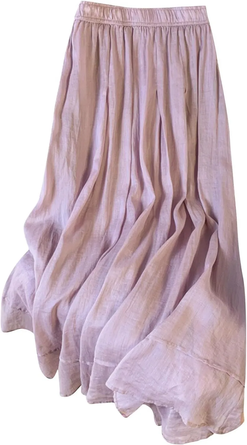 Xiaojmake Women's Summer Bohemian Linen Skirt Elastic Waist Long Flowy Pleated Skirts Renaissance Casual Ruffle Maxi Skirt