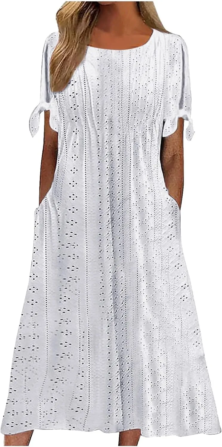 XOWRTE Maxi Long Dresses for Women 2025 Trendy Short Sleeve Eyelet Tshirt Dress Casual Summer Beach Womens