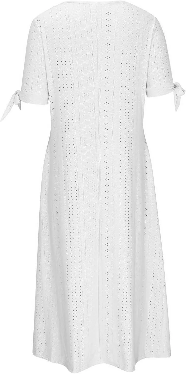 XOWRTE Maxi Long Dresses for Women 2025 Trendy Short Sleeve Eyelet Tshirt Dress Casual Summer Beach Womens