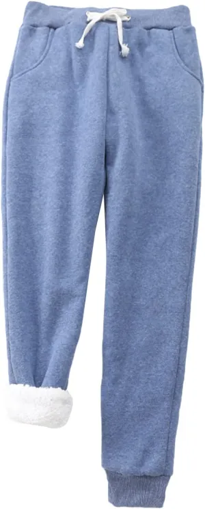 XUETON Womens Sherpa Lined Sweatpant with Pockets Winter Warm Fleece Thermal Lined Tapered Drawstring Athletic Workout Jogger(Blue,XX-Large)