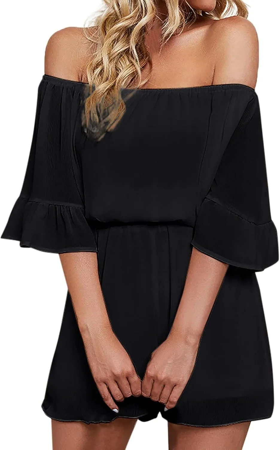 XUETON Womens Summer Off Shoulder Strapless Short Sleeve Jumpsuit Short Rompers Elastic Waist Stretchy One Piece Dolman Beach Jumpsuit(Black,XX-Large)