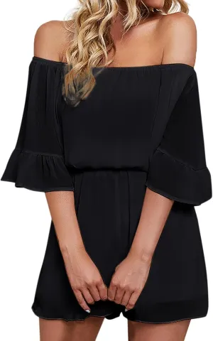 XUETON Womens Summer Off Shoulder Strapless Short Sleeve Jumpsuit Short Rompers Elastic Waist Stretchy One Piece Dolman Beach Jumpsuit(Black,XX-Large)