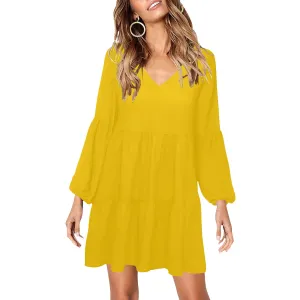 Yellow Flowy Gauze Dress Women, Retro Boho Bohemian Vintage Beach Summer V Neck Festival Casual Mini Long Sleeve