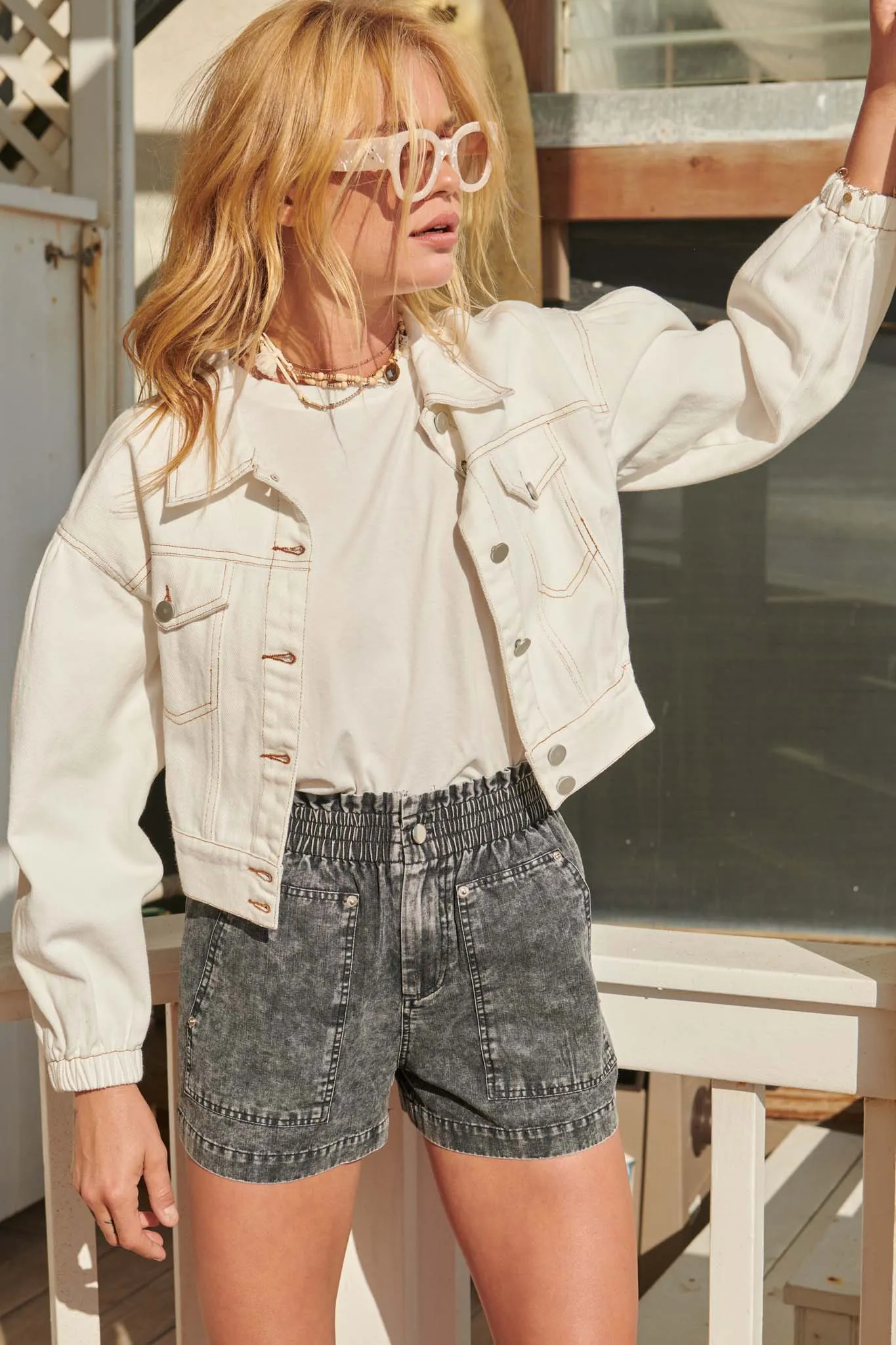 Young At Heart Acid-Wash Paperbag Shorts