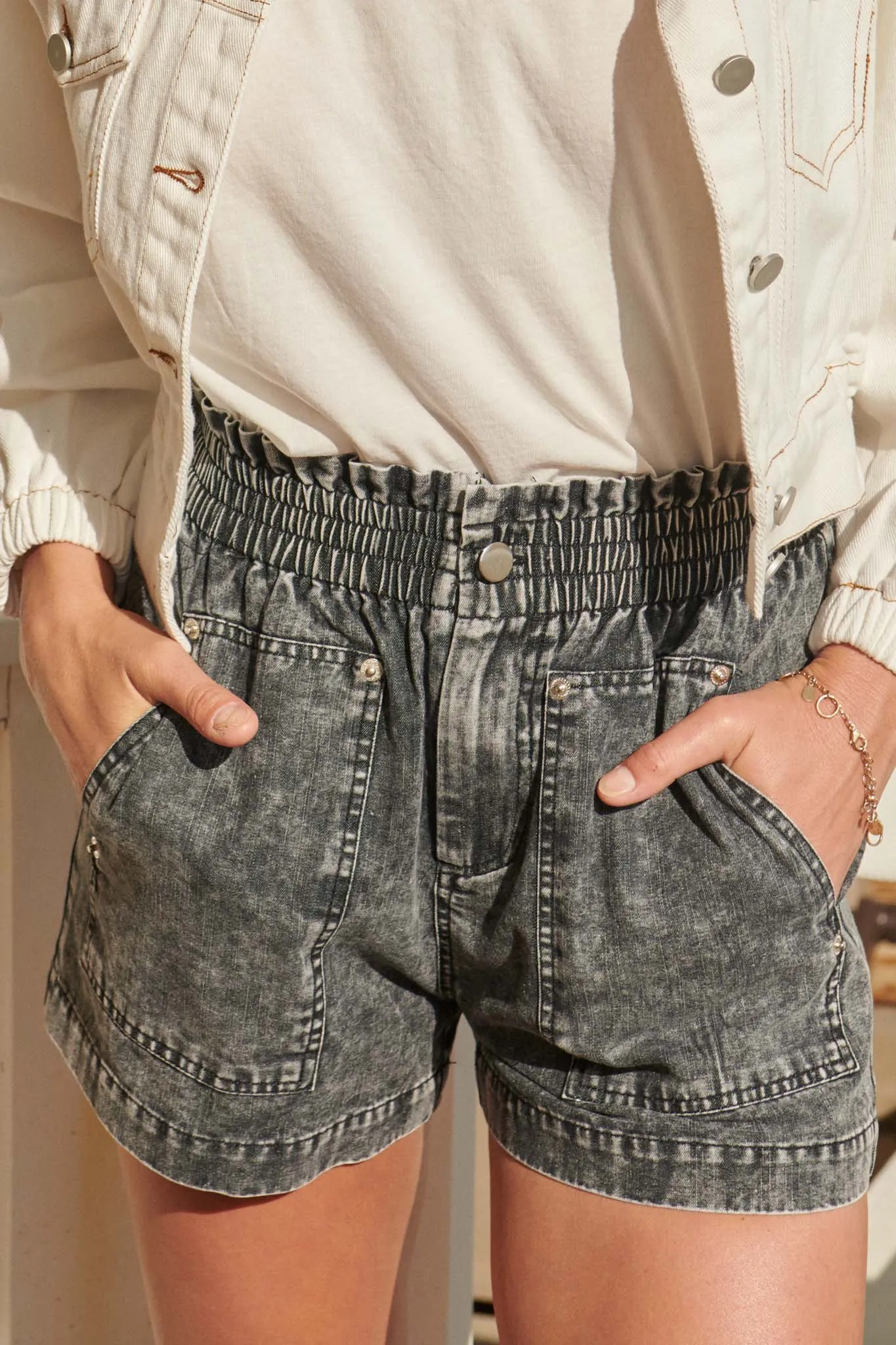 Young At Heart Acid-Wash Paperbag Shorts