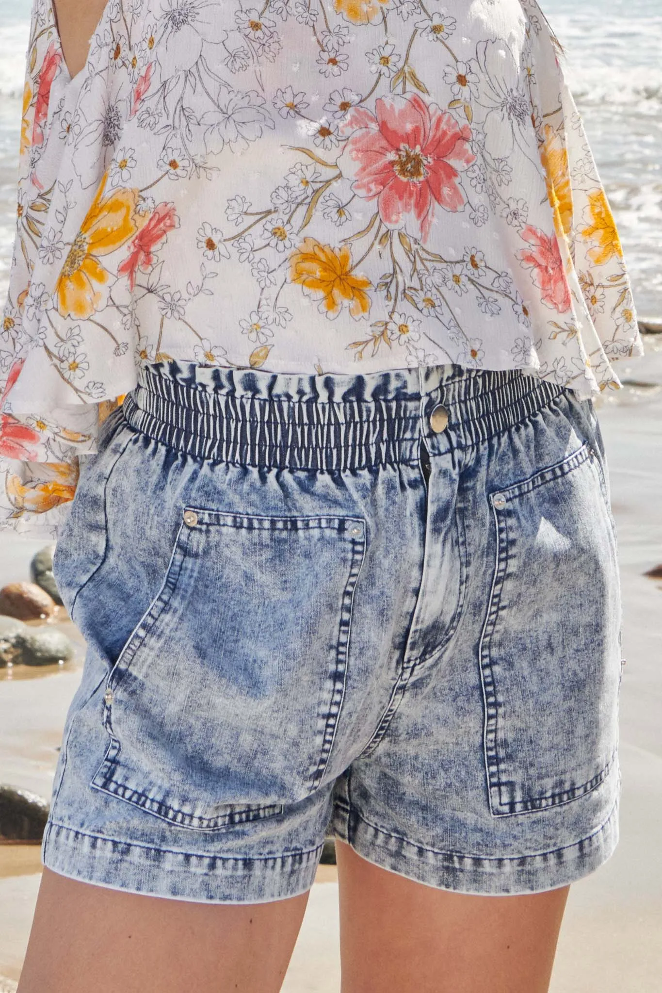 Young At Heart Acid-Wash Paperbag Shorts