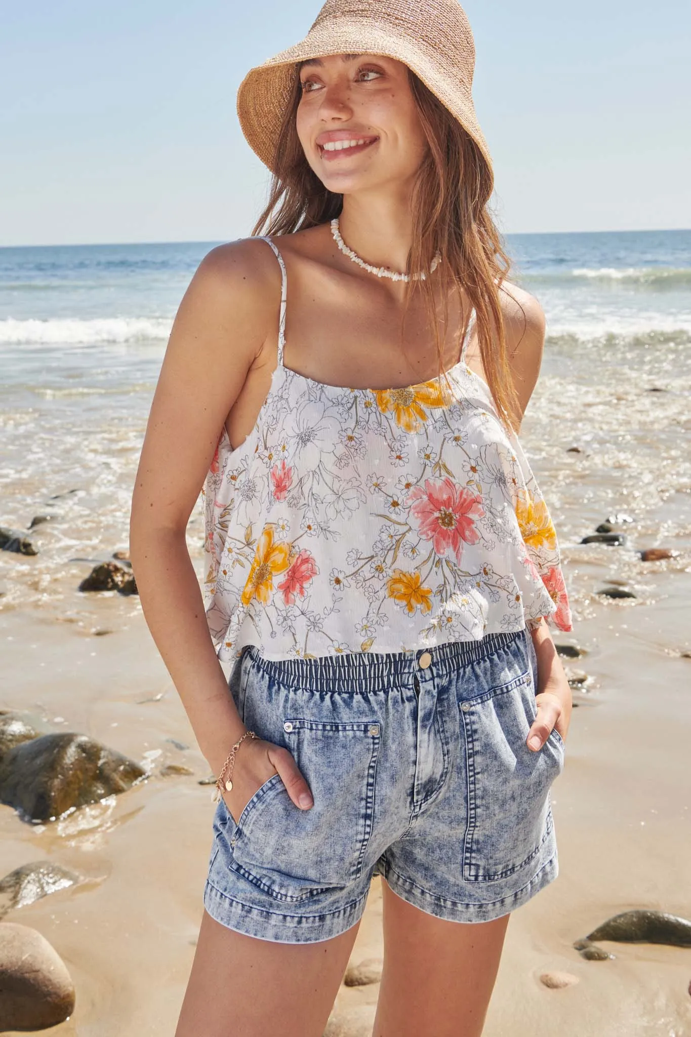 Young At Heart Acid-Wash Paperbag Shorts