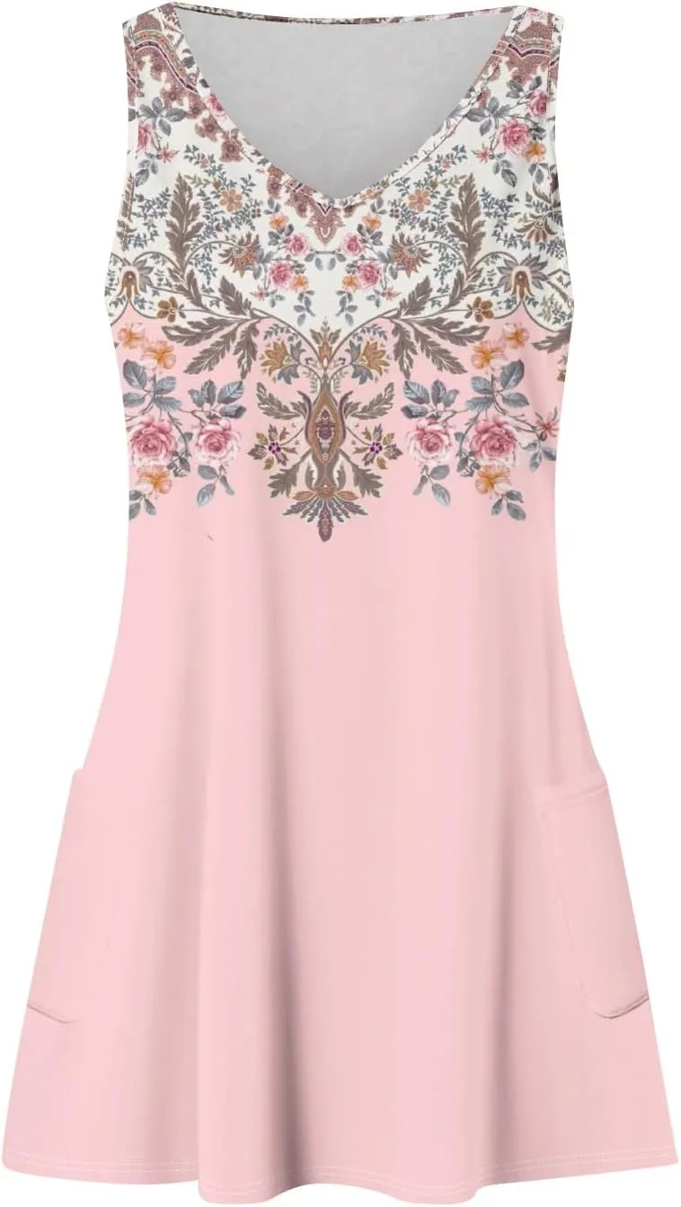 YUTANRAL Summer Dresses for Women 2024 Vacation Trendy Floral Boho Mini Dress Sleeveless Casual Beach Sundresses Cover Ups