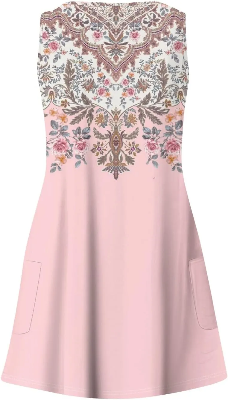 YUTANRAL Summer Dresses for Women 2024 Vacation Trendy Floral Boho Mini Dress Sleeveless Casual Beach Sundresses Cover Ups