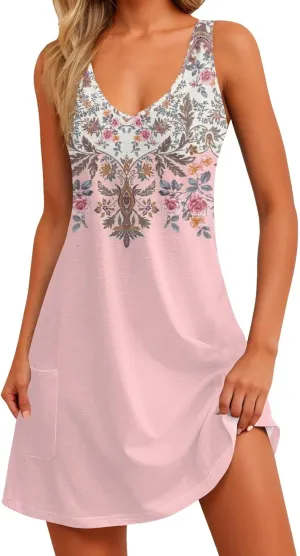 YUTANRAL Summer Dresses for Women 2024 Vacation Trendy Floral Boho Mini Dress Sleeveless Casual Beach Sundresses Cover Ups