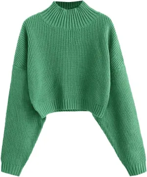 ZAFUL Women's Pullover Sweater Drop Shoulder Plain Knitted Cropped Sweater Pullover Solid Long Sleeve Cropped Tops