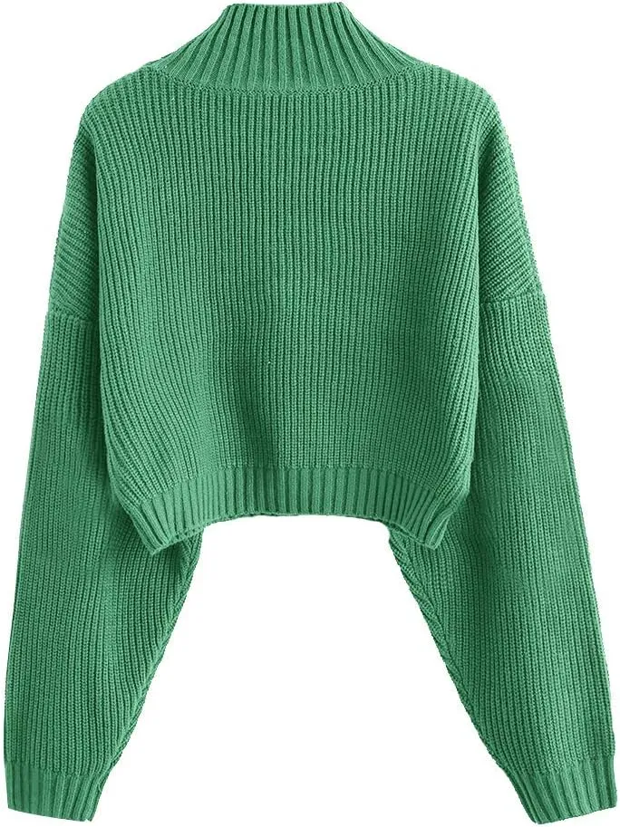ZAFUL Women's Pullover Sweater Drop Shoulder Plain Knitted Cropped Sweater Pullover Solid Long Sleeve Cropped Tops