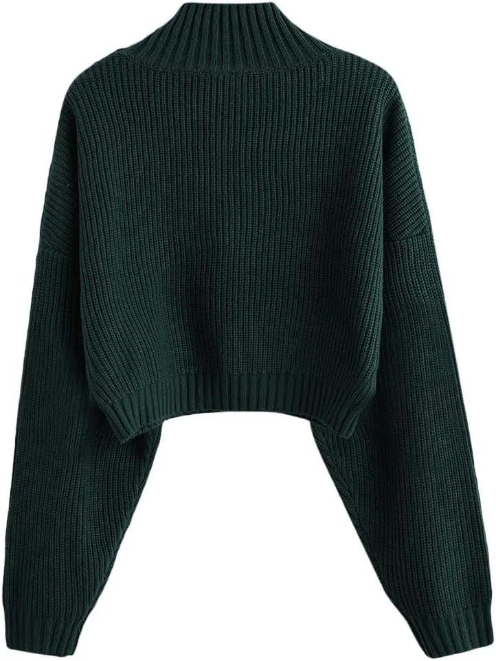 ZAFUL Women's Pullover Sweater Drop Shoulder Plain Knitted Cropped Sweater Pullover Solid Long Sleeve Cropped Tops