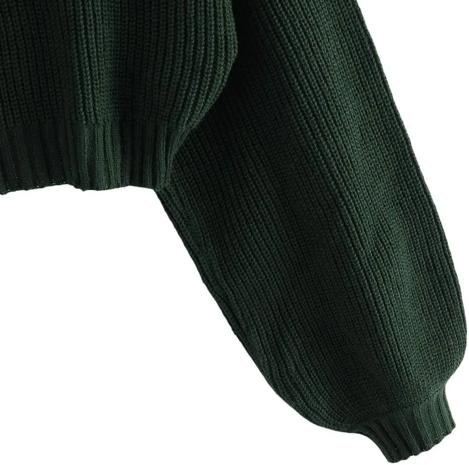 ZAFUL Women's Pullover Sweater Drop Shoulder Plain Knitted Cropped Sweater Pullover Solid Long Sleeve Cropped Tops