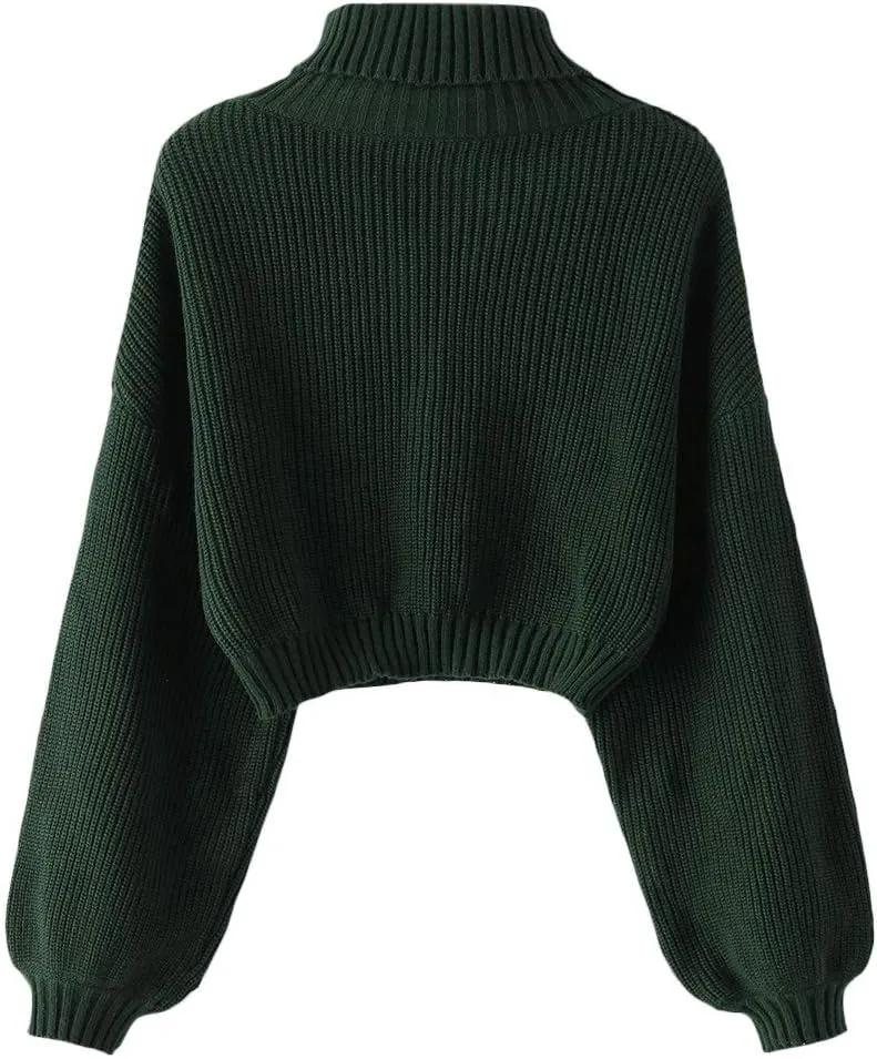 ZAFUL Women's Pullover Sweater Drop Shoulder Plain Knitted Cropped Sweater Pullover Solid Long Sleeve Cropped Tops