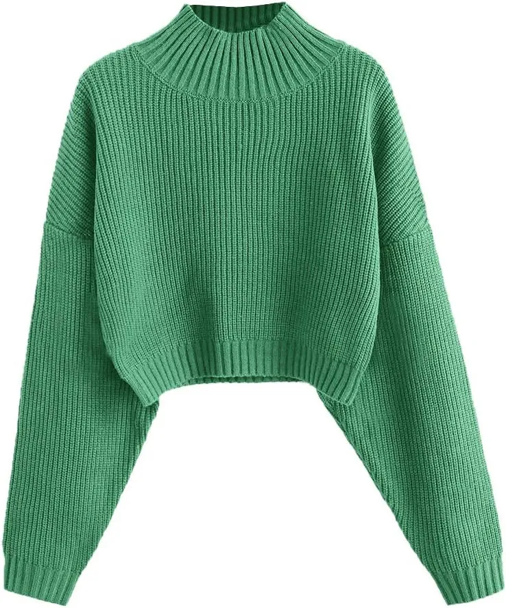 ZAFUL Women's Pullover Sweater Drop Shoulder Plain Knitted Cropped Sweater Pullover Solid Long Sleeve Cropped Tops