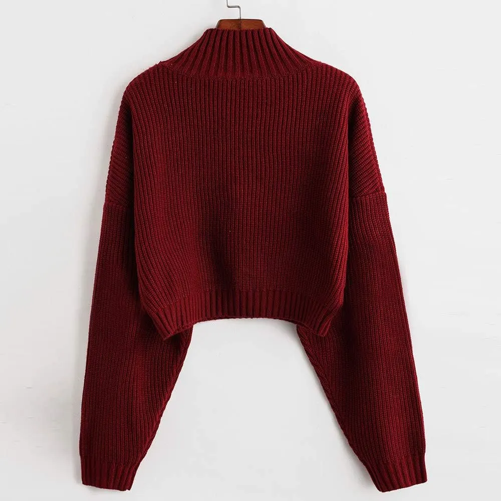 ZAFUL Women's Pullover Sweater Drop Shoulder Plain Knitted Cropped Sweater Pullover Solid Long Sleeve Cropped Tops