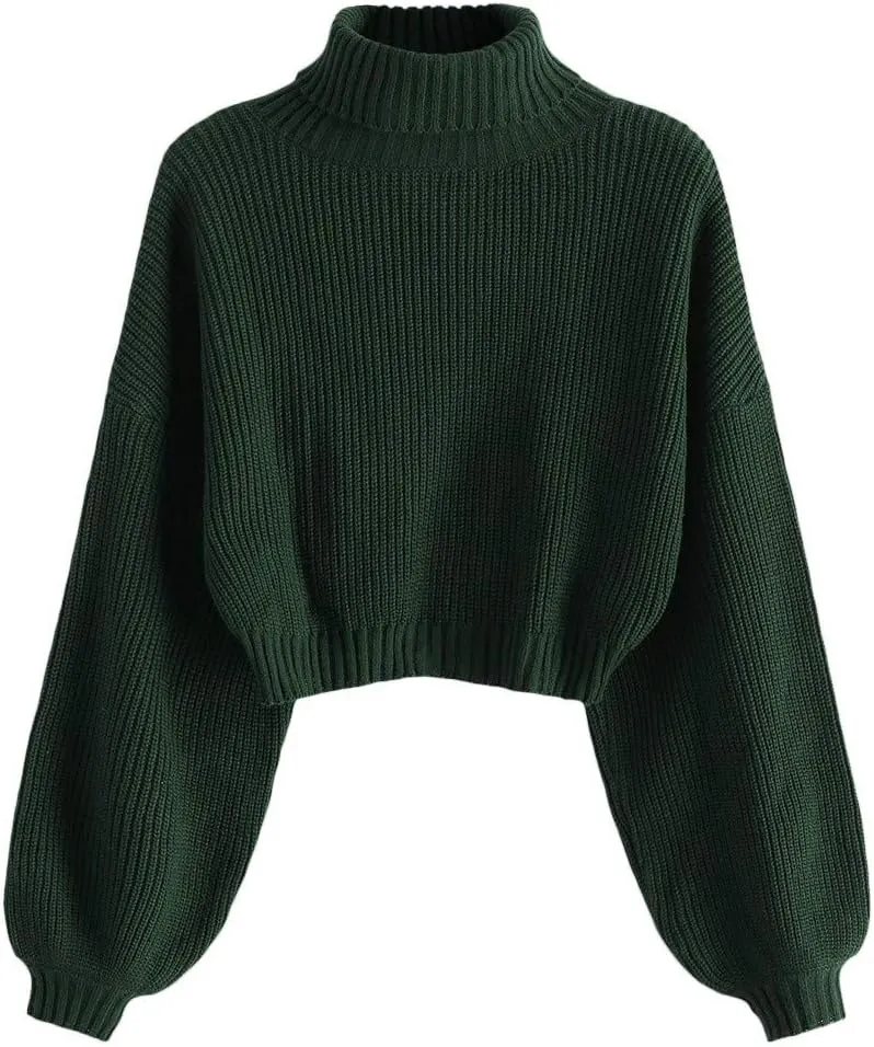 ZAFUL Women's Pullover Sweater Drop Shoulder Plain Knitted Cropped Sweater Pullover Solid Long Sleeve Cropped Tops