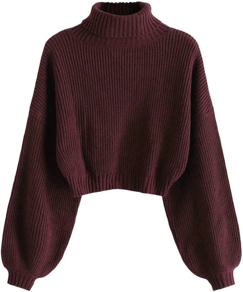 ZAFUL Women's Pullover Sweater Drop Shoulder Plain Knitted Cropped Sweater Pullover Solid Long Sleeve Cropped Tops