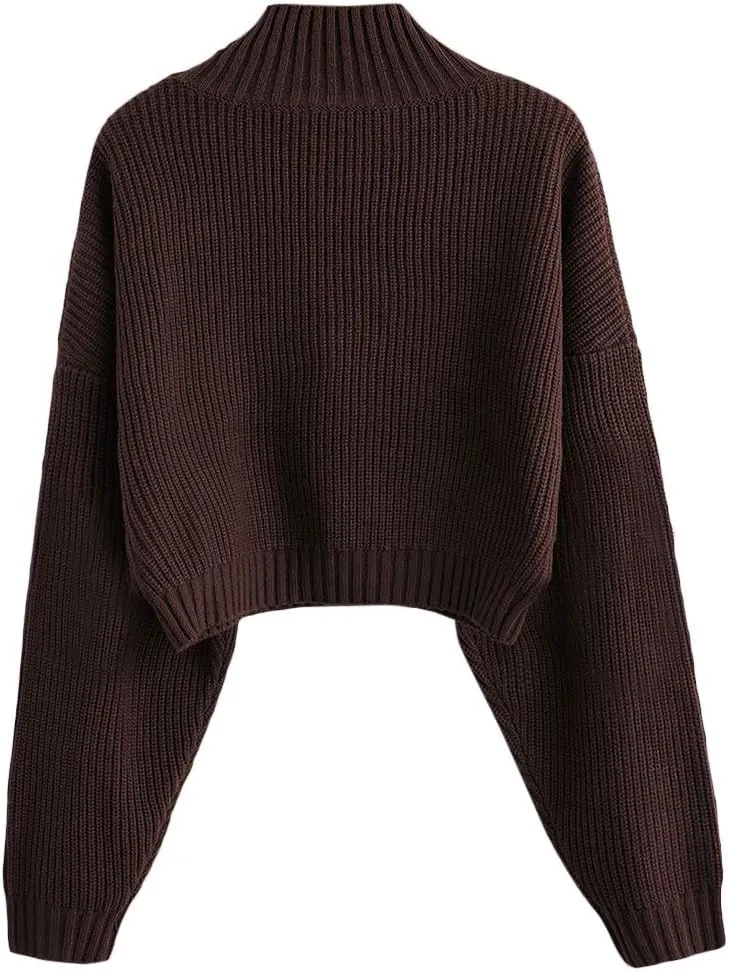 ZAFUL Women's Pullover Sweater Drop Shoulder Plain Knitted Cropped Sweater Pullover Solid Long Sleeve Cropped Tops