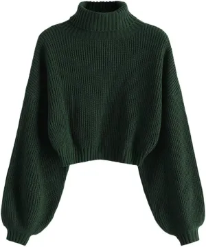 ZAFUL Women's Pullover Sweater Drop Shoulder Plain Knitted Cropped Sweater Pullover Solid Long Sleeve Cropped Tops