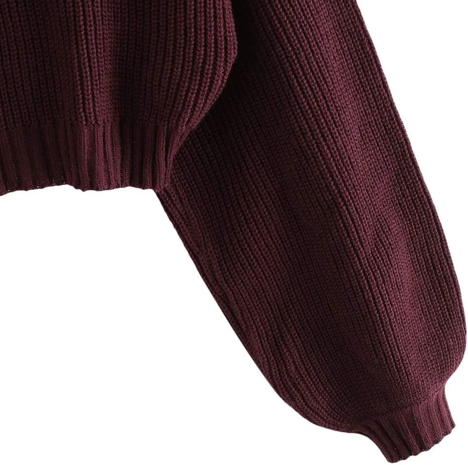 ZAFUL Women's Pullover Sweater Drop Shoulder Plain Knitted Cropped Sweater Pullover Solid Long Sleeve Cropped Tops