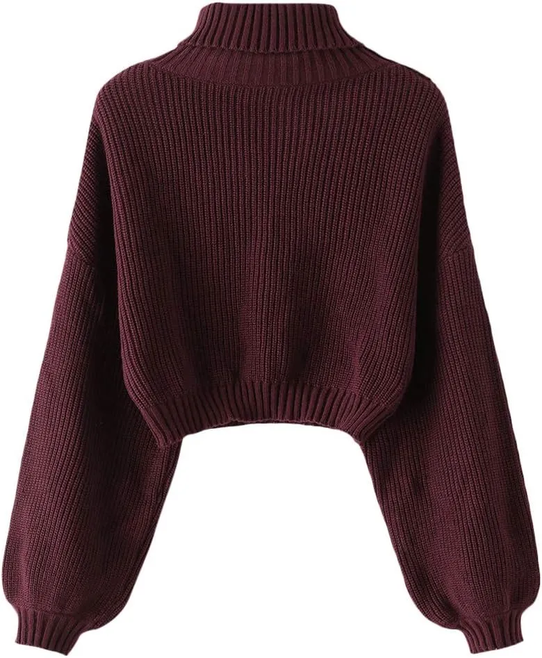 ZAFUL Women's Pullover Sweater Drop Shoulder Plain Knitted Cropped Sweater Pullover Solid Long Sleeve Cropped Tops